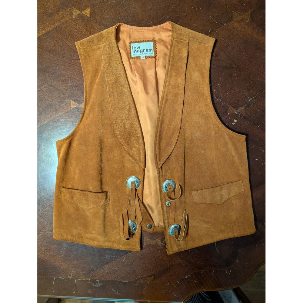 Vintage 70s Lew Magram Suede Leather Vest 42 Brown Concho Western Boho Cowgirl